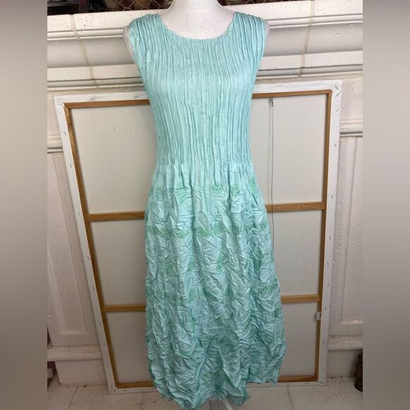 Alquema NWOT Aqua & green polka dot hand pleated midi dress w/pockets - Picture 1 of 15